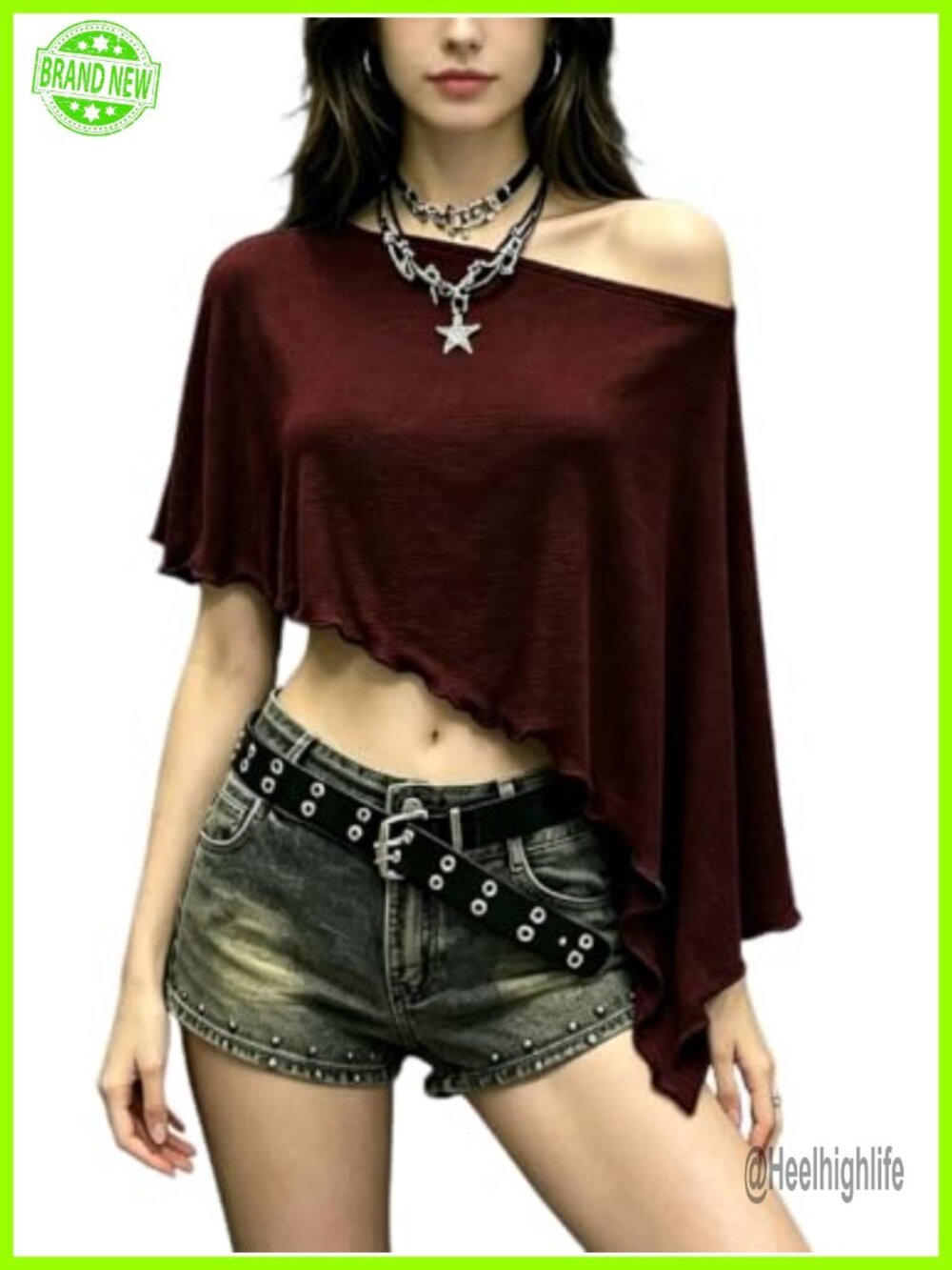 GORGLITTER Women's Frill Trim Knit Asymmetrical Bat Wing Pullover Sweater